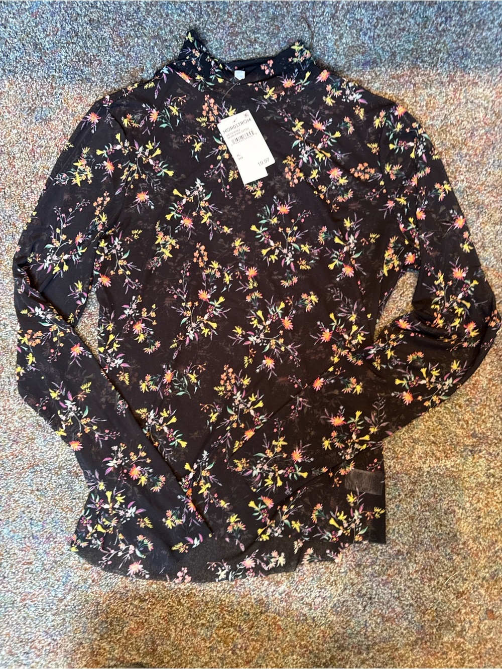 NWT Mesh Floral Mock Neck Long-Sleeve Top - Black